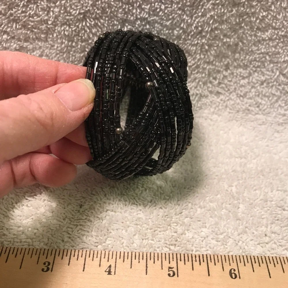Handmade Black Beaded Bracelet - Stretchy Cuff With Intricate Design‎